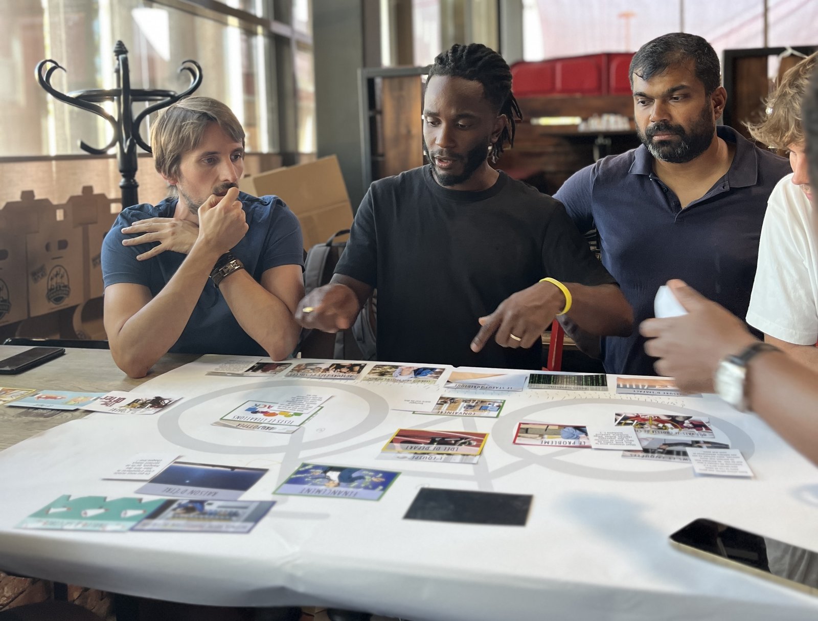 Participants travaillant ensemble autour des cartes thématiques de l'atelier Boost Trajectoire Pro
